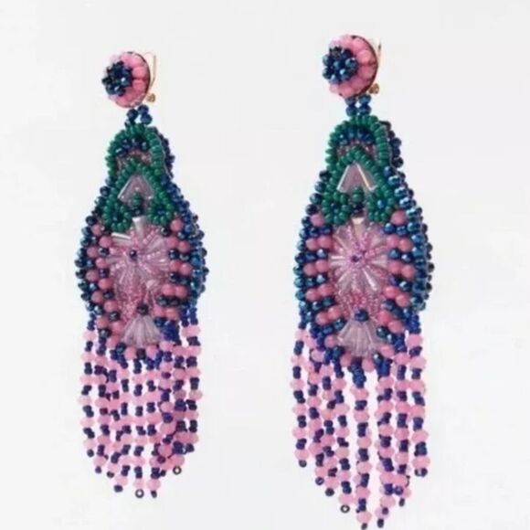 New ZARA Tropical Boho Pink Blue Green Beaded Fringe Earrings - Picture 4 of 11